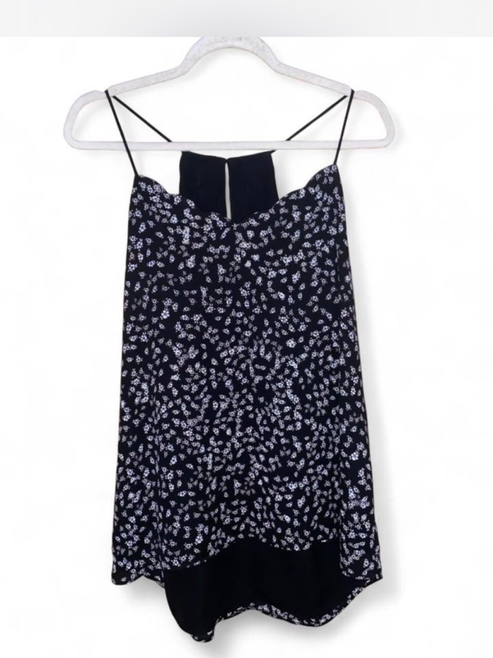 Express Barcelona Cami Black White Ditsy Floral Reversible Scalloped Neck Size L